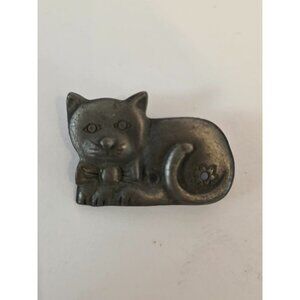 Vintage Torino Pewter Cat Brooch Pin With Bow & Curled Tail